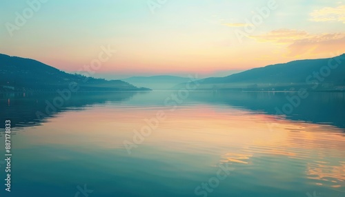 Calm lake reflecting sunset sky with mountains.