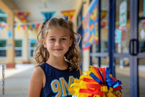 Cheerleader girl in blue uniform holding pom-poms with blurred background.