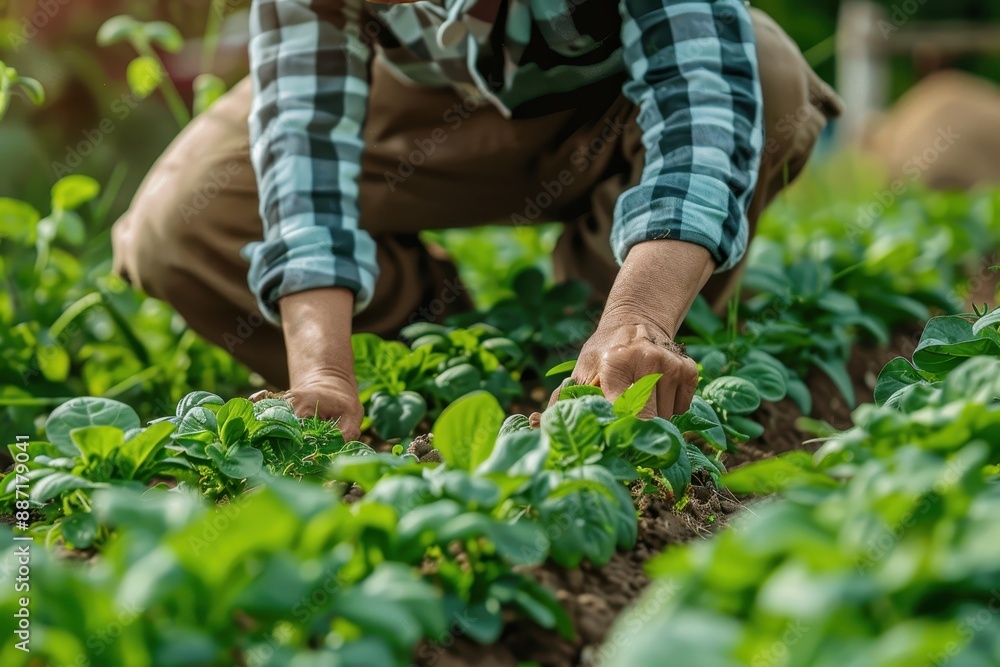 Close up of farmer's hand tending to green plants. Close up of farmer's hand tending to green plants.