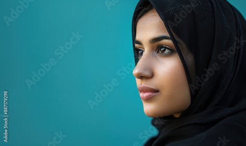 Close-up portrait of a Muslim woman in a black hijab against a teal background.