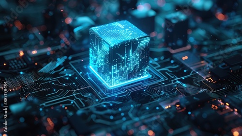 A blue glowing cube of data floating over a circuit board. Generate AI image
