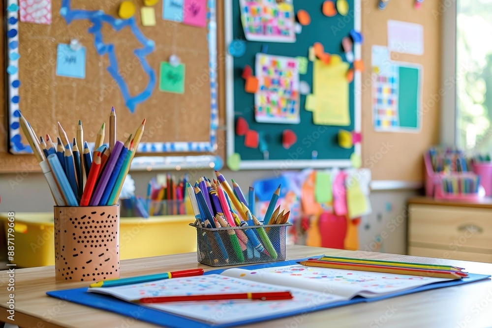 Colorful pencils in a school classroom. Colorful pencils in a school classroom.
