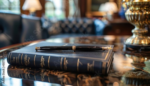 Elegant fountain pen on a leather-bound book.