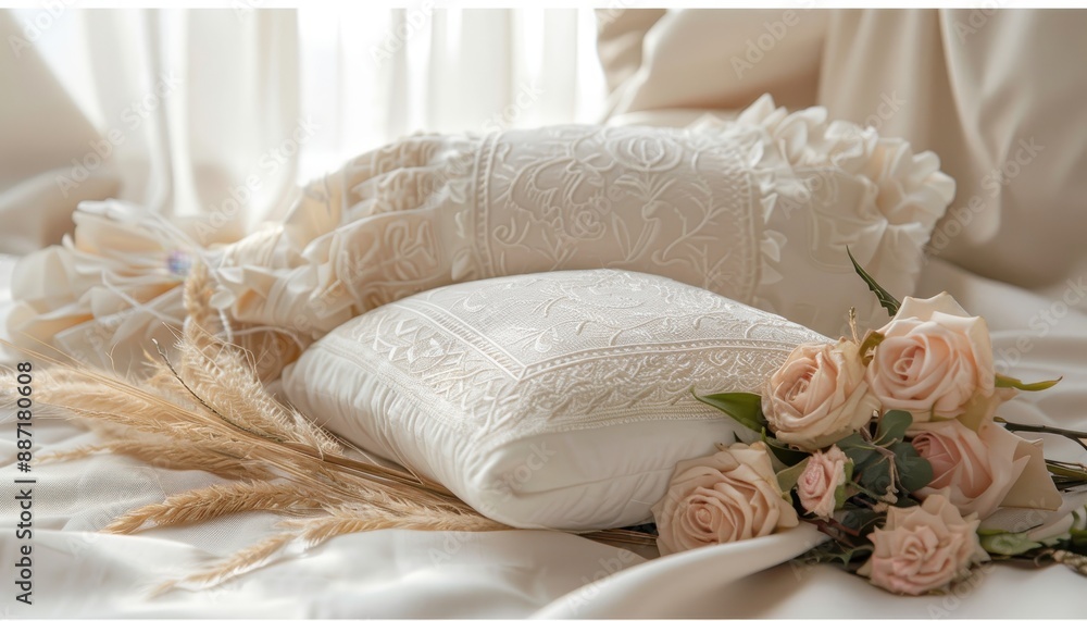 Elegant White Pillows and Roses on a Bed. Elegant White Pillows and Roses on a Bed.