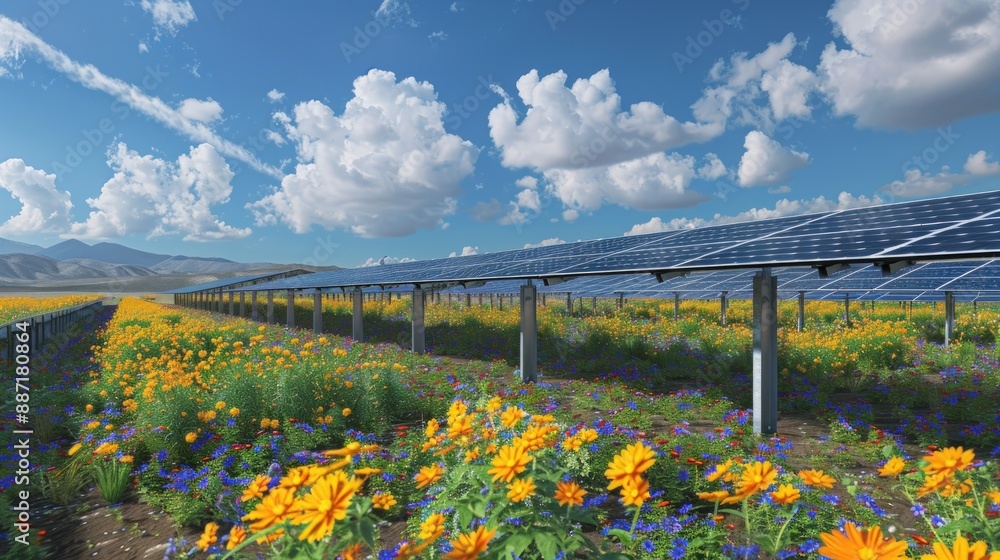 Fototapeta premium A field of flowers with a solar panel in the middle. Generate AI image