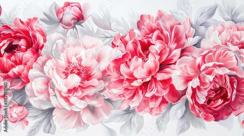 Pastel red pink peonies on white background ideal for special occasions photo