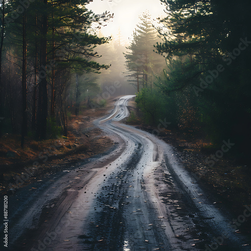 Mountain road in the misty forest.