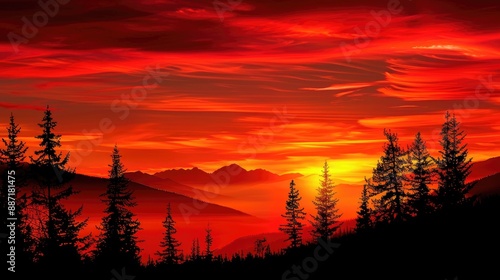 Red sky sunset over trees mountains silhouette