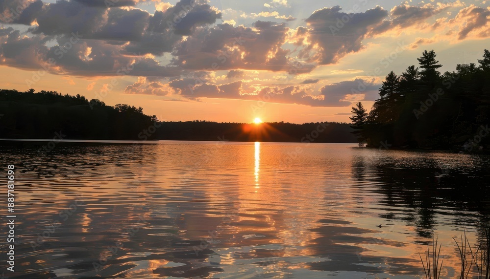 Fototapeta premium Golden Sunset Reflected in a Calm Lake.