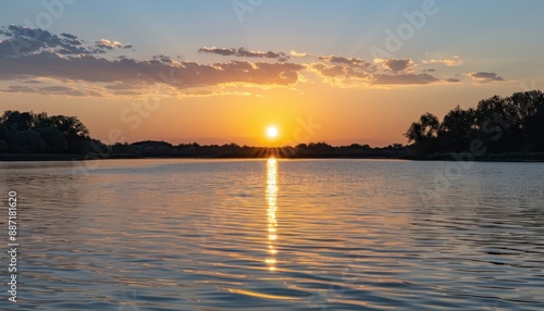 Golden Hour Sunset Over Calm Lake.