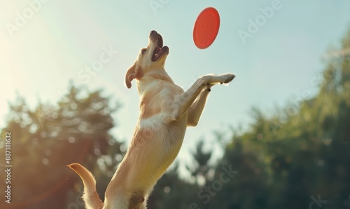 Golden Retriever Dog Jumping for a Flying Disc.