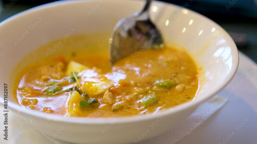 Curry soup Extreme Closeup Thai traditional Food hot and spicy tom yum soup, popular favorite food in Thailand Curry soup Extreme Closeup Thai traditional Food hot and spicy tom yum soup, popular favorite food in Thailand