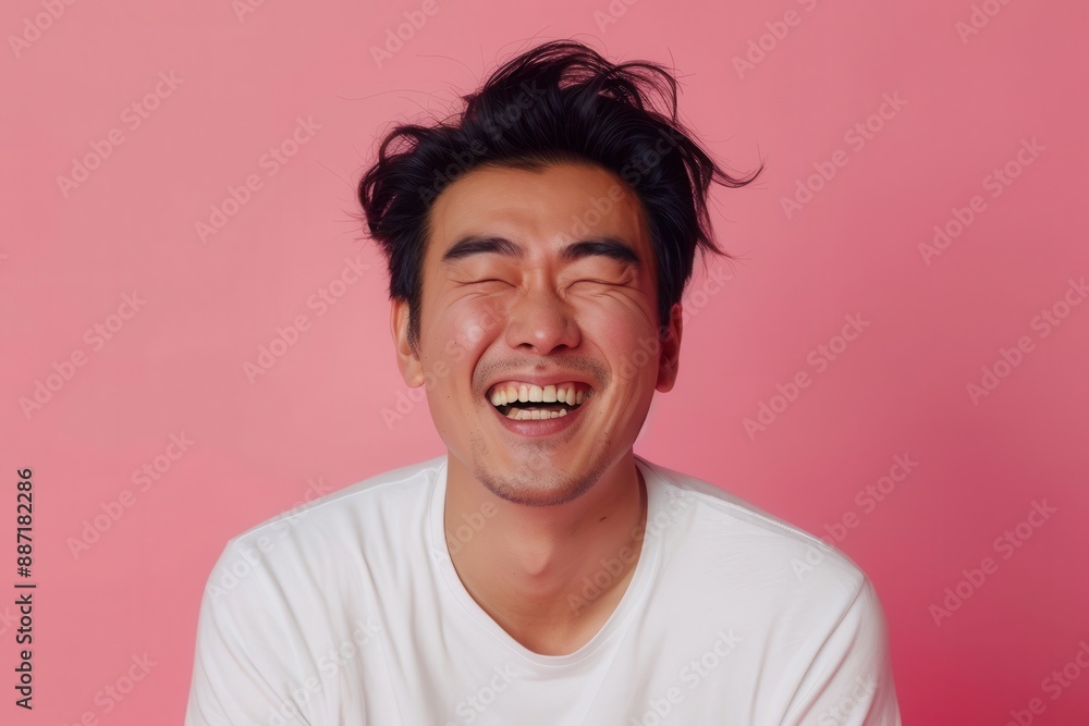 Happy man laughing with teeth showing, pink background. Happy man laughing with teeth showing, pink background.