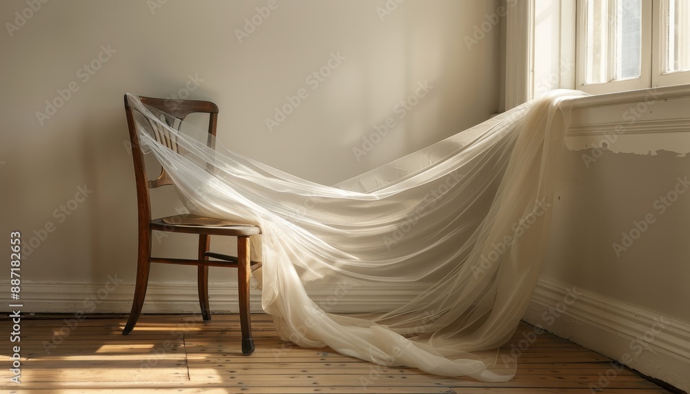 Light Fabric Draped over Chair in a Room with Wooden Floor. Light Fabric Draped over Chair in a Room with Wooden Floor.