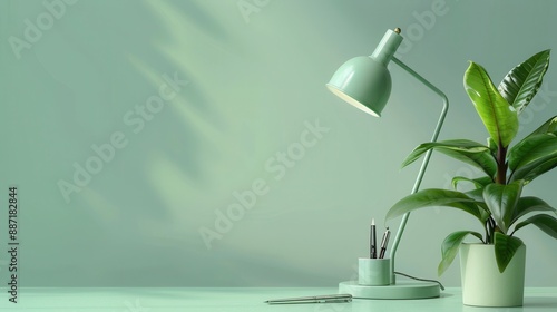 Minimalist Desk with Lamp, Plant and Pens.