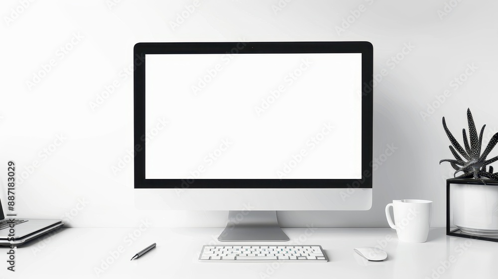 Minimalist workspace with computer, keyboard, mouse, and a cup. Minimalist workspace with computer, keyboard, mouse, and a cup.