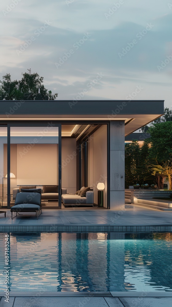 Fototapeta premium Modern house with swimming pool at dusk.
