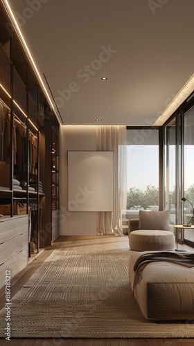 Modern bedroom interior with large windows and a walk-in closet.