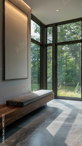 Modern hallway bench with natural light.