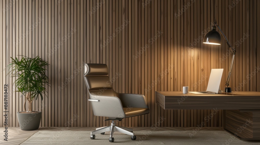 Modern office with wooden wall, desk, chair and lamp. Modern office with wooden wall, desk, chair and lamp.