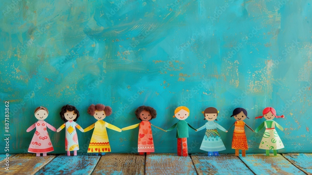 Obraz premium Paper doll chain of diverse children holding hands.