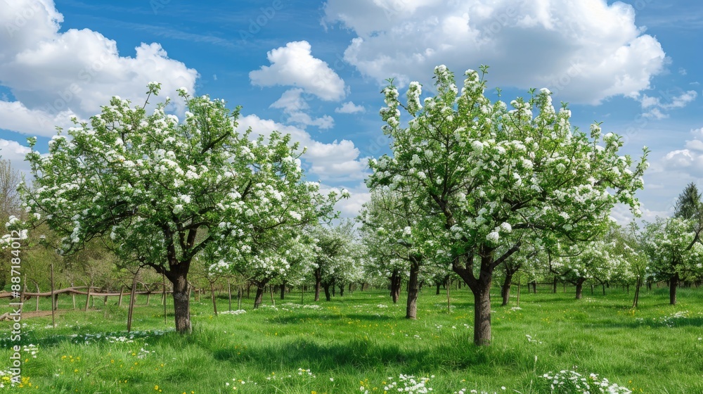 Apple trees in park blooming abundantly under blue sky Apple trees in park blooming abundantly under blue sky