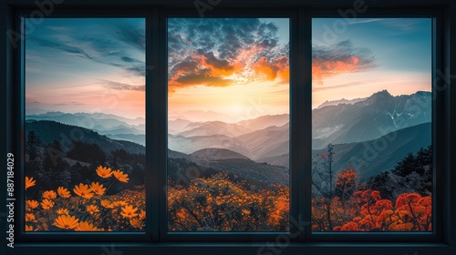 Three windows with mountains in the background.