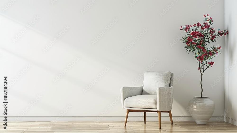 Armchair against white wall with flower pot wall is empty Armchair against white wall with flower pot wall is empty