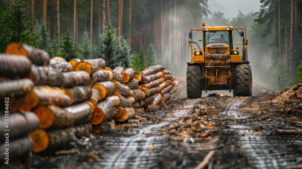 A large yellow tractor is driving down a dirt road next to a pile of logs. The scene is muddy and the tractor is covered in mud A large yellow tractor is driving down a dirt road next to a pile of logs. The scene is muddy and the tractor is covered in mud