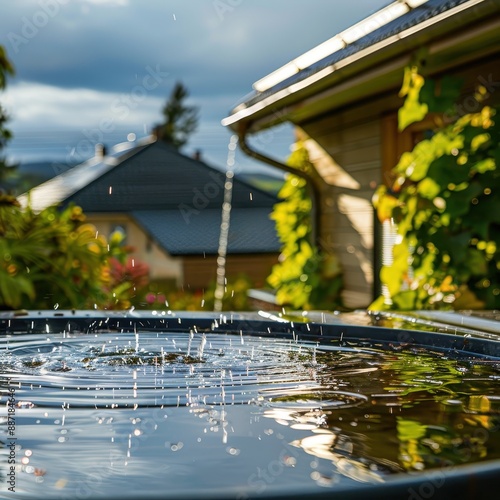 Raindrops creating ripples in a water barrel.