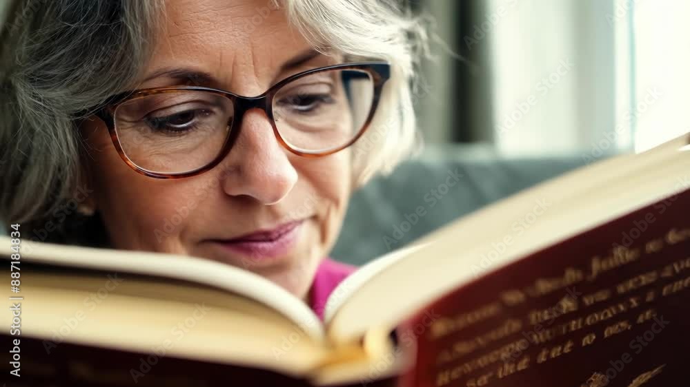 A woman with grey hair and glasses delving into a historical fiction novel. A woman with grey hair and glasses delving into a historical fiction novel.