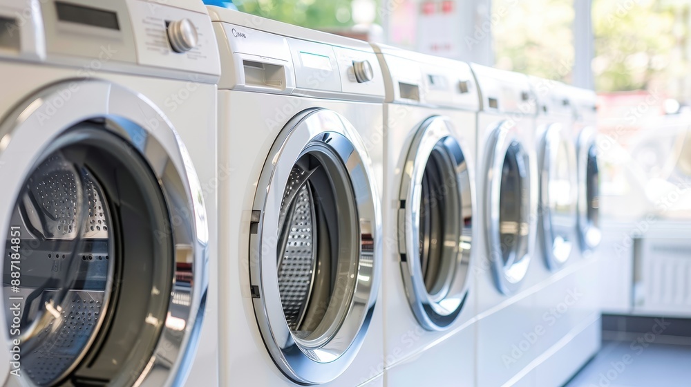 Row of washing machines in a laundry room. Row of washing machines in a laundry room.