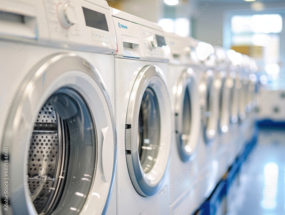 Row of washing machines in a laundry room. Row of washing machines in a laundry room.