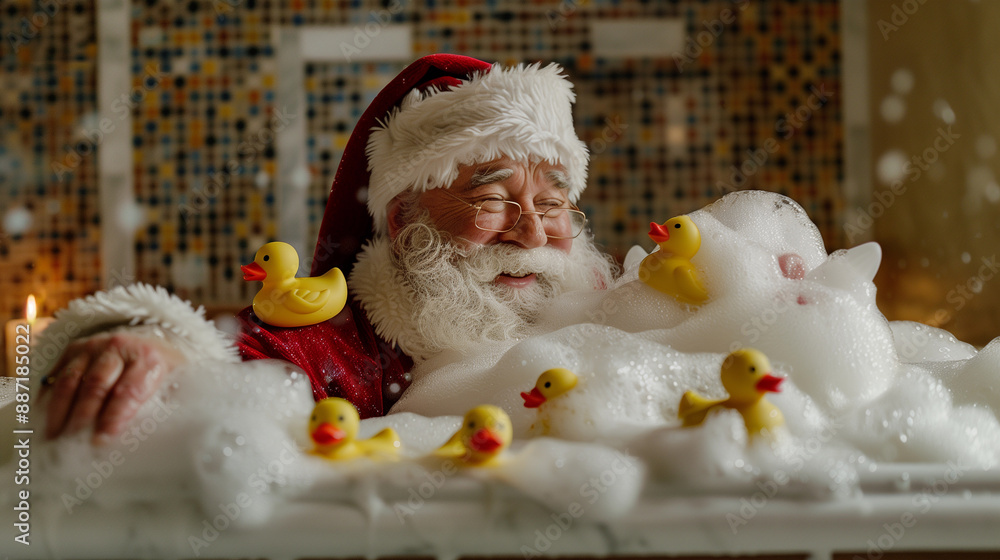 santa claus playing in the bathtub with foam and yellow rubber ducky toys