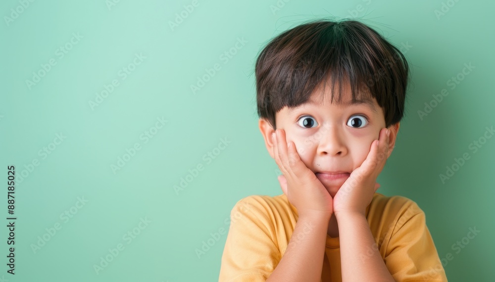 Shocked boy with big eyes and hands on face. Shocked boy with big eyes and hands on face.