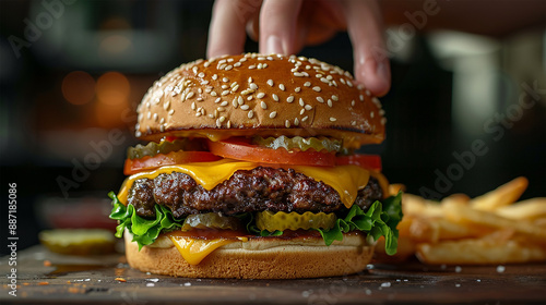 photo of a cheeseburger with lettuce, a package of French fries with sauce, 