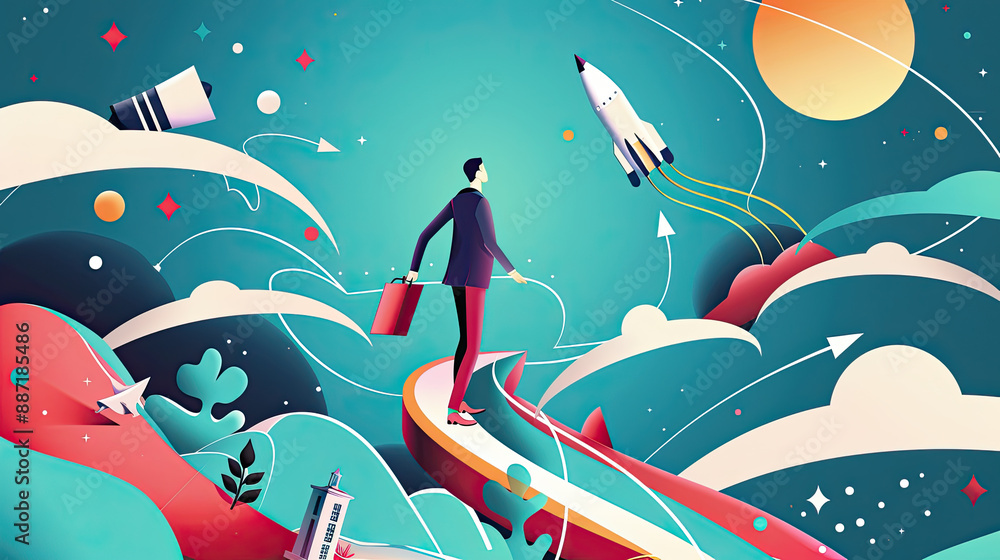 Concept of flow or process to achieve success, tracing the process of success, work experience or road map, entrepreneur follows the path to achieve milestones. flat vector illustration. Concept of flow or process to achieve success, tracing the process of success, work experience or road map, entrepreneur follows the path to achieve milestones. flat vector illustration.