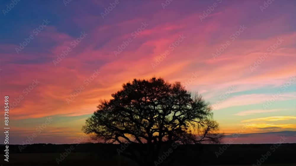 Silhouette of a lone tree in a field with a colorful sky Silhouette of a lone tree in a field with a colorful sky