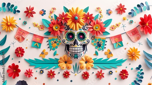 Dia de los Muertos Poster with Skeleton in Sombrero Playing Guitar, Marigold Petals, Papel Picado, Candles, and Sugar Skulls on Purple Background