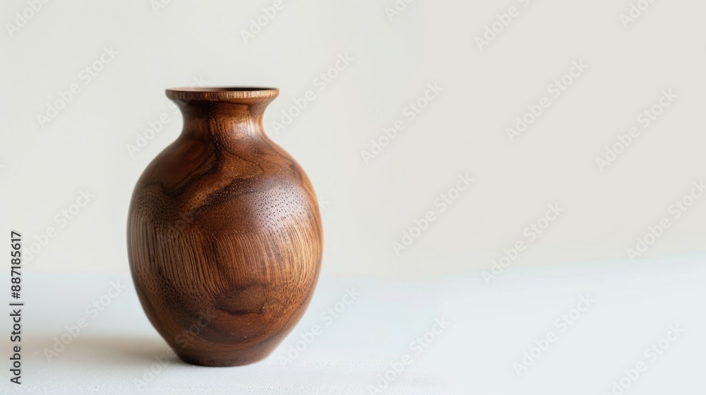 A delightful photo displays a small wooden vase against a white backdrop emphasizing its craftsmanship and beauty A delightful photo displays a small wooden vase against a white backdrop emphasizing its craftsmanship and beauty
