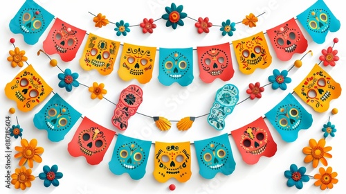 Dia de los Muertos Poster with Skeleton in Sombrero Playing Guitar, Marigold Petals, Papel Picado, Candles, and Sugar Skulls