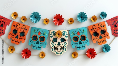 Dia de los Muertos Poster: Skeleton in Sombrero Playing Guitar with Marigold Petals, Papel Picado, Candles, and Sugar Skulls on Purple Background