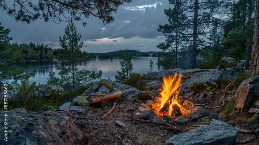 A campfire is lit in the forest. Generate AI image A campfire is lit in the forest. Generate AI image