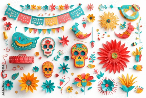 Dia de los Muertos Poster with Skeleton in Sombrero Playing Guitar, Marigold Petals, Papel Picado, Candles, and Sugar Skulls