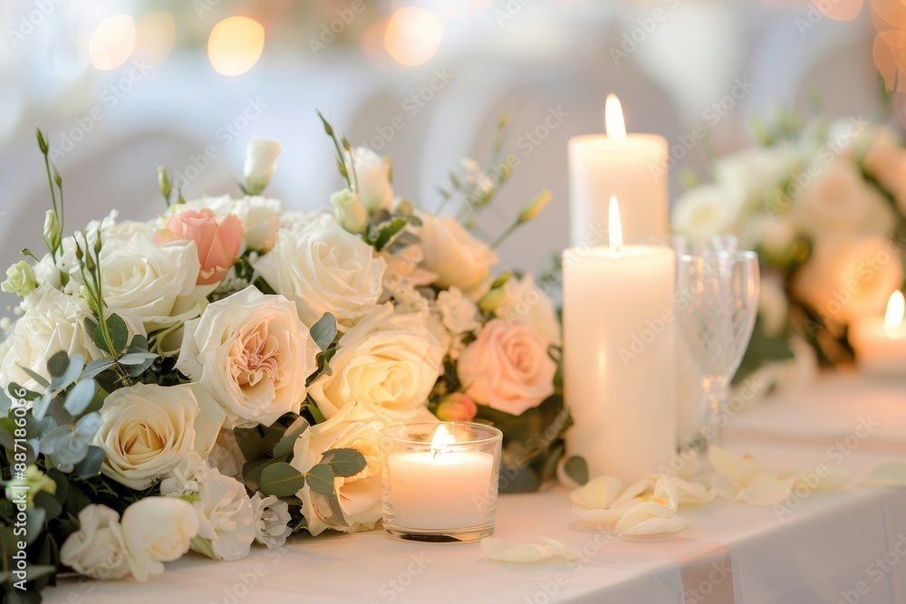 White Roses and Candles on a Table. White Roses and Candles on a Table.
