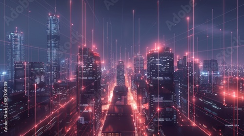 Wallpaper Mural A cityscape at night with glowing lines connecting buildings and streets. Generate AI image Torontodigital.ca