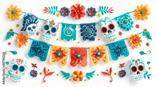 Dia de los Muertos Poster: Skeleton in Sombrero Playing Guitar with Marigold Petals, Papel Picado, Candles, and Sugar Skulls on Purple Background