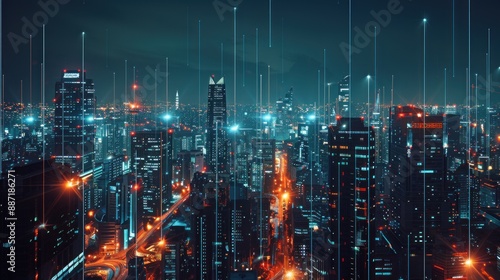 Wallpaper Mural A cityscape at night with glowing lines connecting buildings and streets. Generate AI image Torontodigital.ca