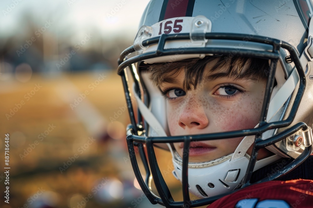 Young boy wearing a football helmet. Young boy wearing a football helmet.