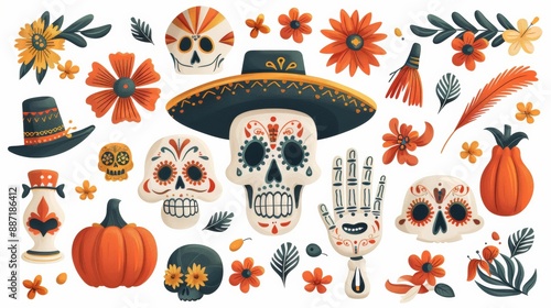 Dia de los Muertos Poster - Skeleton in Sombrero Playing Guitar with Marigold Petals, Papel Picado, Candles, and Sugar Skulls on Purple Background